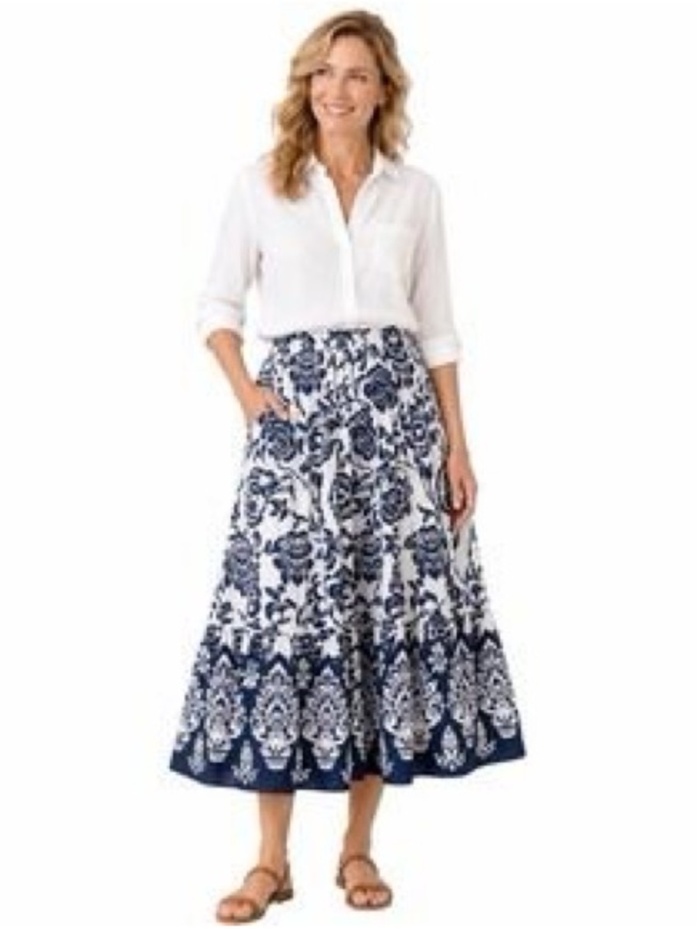 SOFT SURROUNDINGS Floral Tiered Maxi Skirt Boho Resort Midi Skirt With Pockets